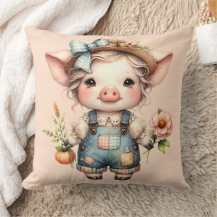 Cute Farmcore Pig in Overalls with Flowers Throw Pillow
