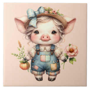 Cute Farmcore Pig in Overalls with Flowers Tile