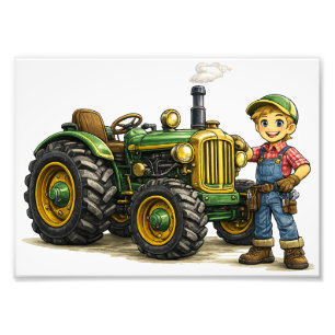 Cute Farmer Boy With Vintage Green Tractor Art Photo Print