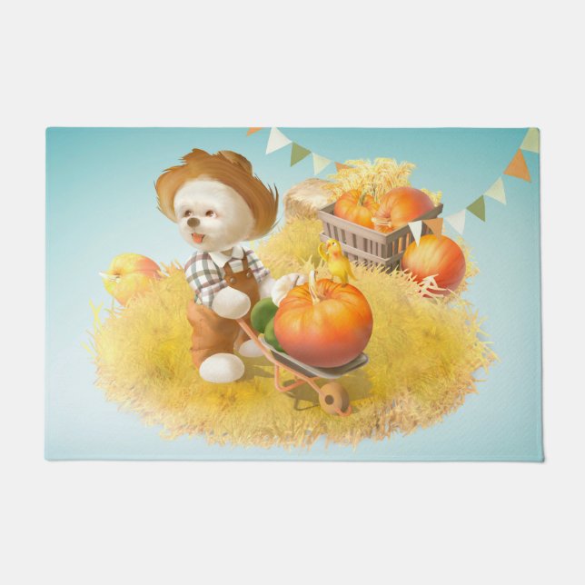 Cute Farmer Dog with Pumpkin Doormat (Front)