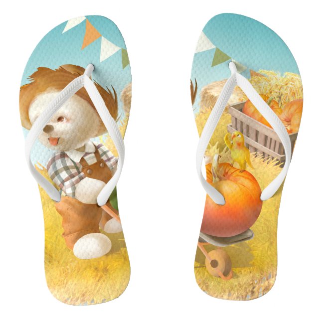 Cute Farmer Dog with Pumpkin Flip Flops (Footbed)