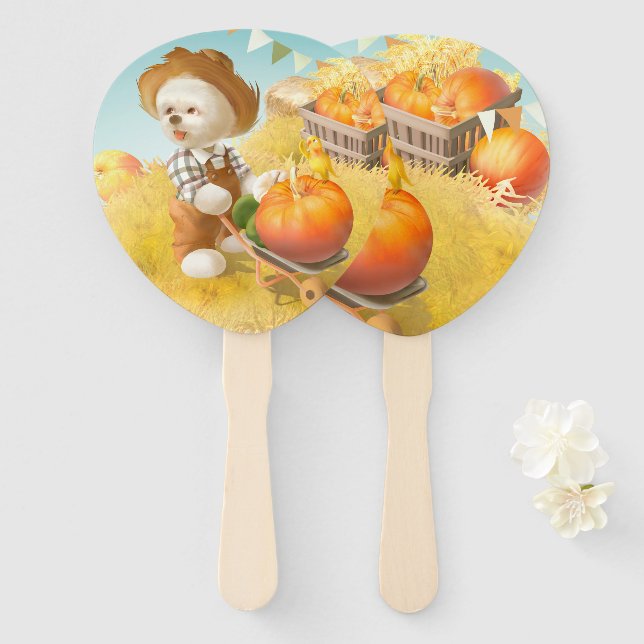 Cute Farmer Dog with Pumpkin Hand Fan (Front and Back)
