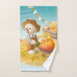 Cute Farmer Dog with Pumpkin Hand Towel