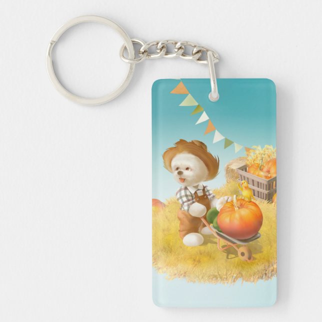 Cute Farmer Dog with Pumpkin Keychain (Front)