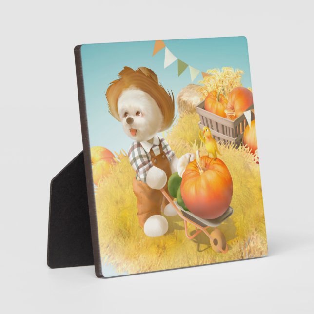 Cute Farmer Dog with Pumpkin Plaque (Front)