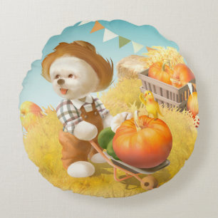 Cute Farmer Dog with Pumpkin Round Pillow