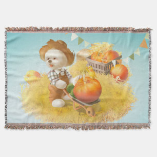 Cute Farmer Dog with Pumpkin Throw Blanket