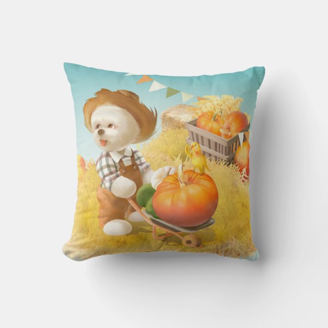 Cute Farmer Dog with Pumpkin Throw Pillow (Front)