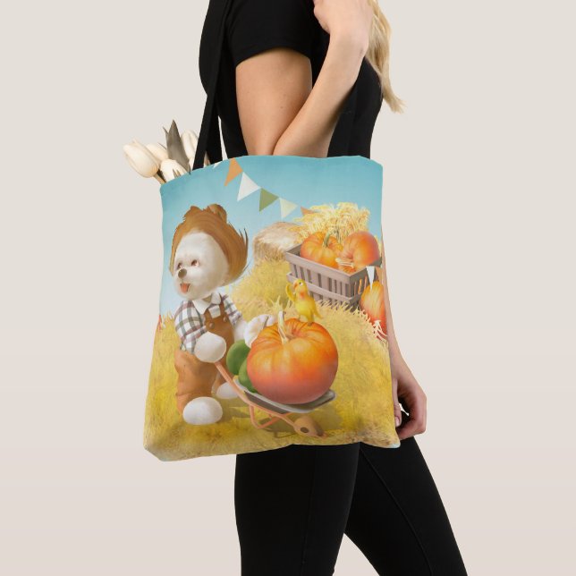 Cute Farmer Dog with Pumpkin Tote Bag (Close Up)