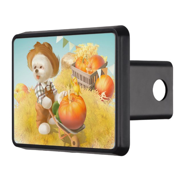 Cute Farmer Dog with Pumpkin Trailer Hitch Cover (Left)