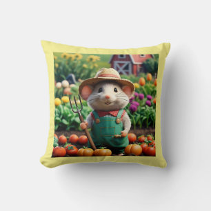 Cute Farmer Mouse in his Garden Throw Pillow