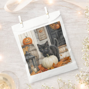 Cute Farmhouse Black Cat and Pumpkin Halloween Favour Bag