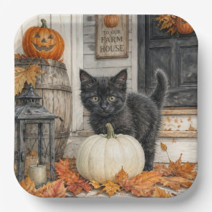 Cute Farmhouse Black Cat and Pumpkin Halloween Paper Plate
