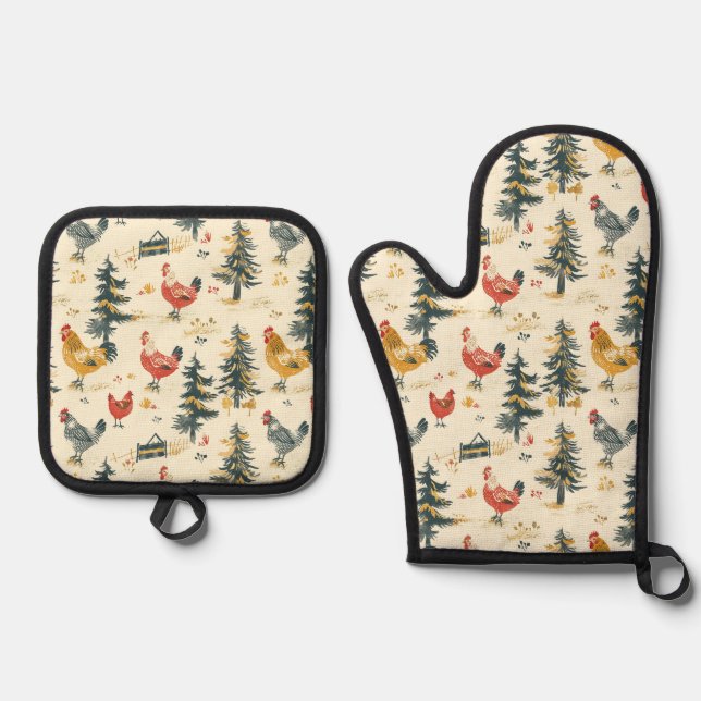 Cute Farmhouse Chickens Oven Mitt & Pot Holder Set (Front)