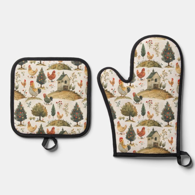 Cute Farmhouse Chickens Oven Mitt & Pot Holder Set (Front)