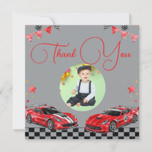 Cute Fast One Red and Black Race Car 1st Birthday  Thank You Card