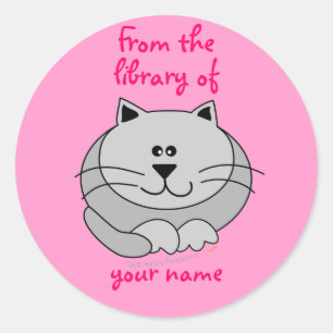 Cute Fat Cat Pink Personalized Kids Bookplates Classic Round Sticker