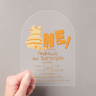 Cute Fat Orange Cat 1st Birthday Acrylic Invitations