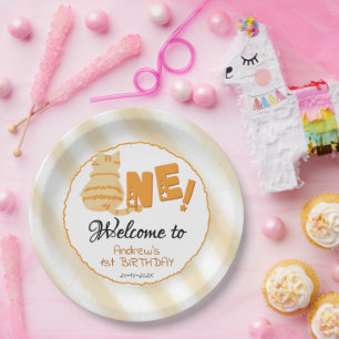 Cute Fat Orange Cat 1st Birthday Paper Plate