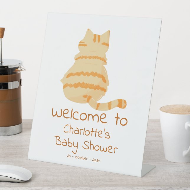 Cute Fat Orange Cat Baby Shower Welcome Pedestal Sign (In SItu)