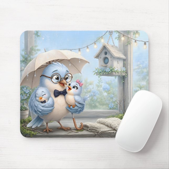 Cute Father Bird & Baby Mousepad (With Mouse)