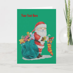 Cute father christmas with toys and gifts in sack holiday card