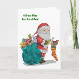 Cute father christmas with toys and gifts in sack holiday card