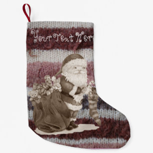 Cute father christmas wrapping gifts knitted small christmas stocking