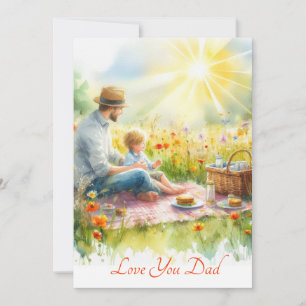 Cute Father & Son Having A Picnic Watercolor Holiday Card