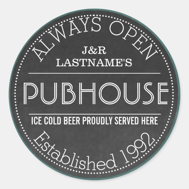 Cute Faux Chalkboard Personalized Couple Pub Sign Classic Round Sticker (Front)