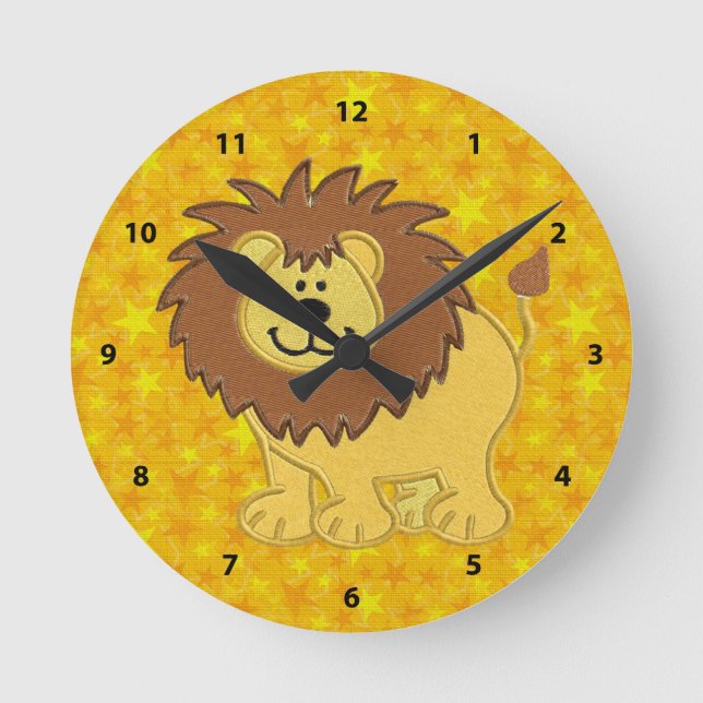 Cute Faux Embroidery Lion & Yellow Stars Clock (Front)
