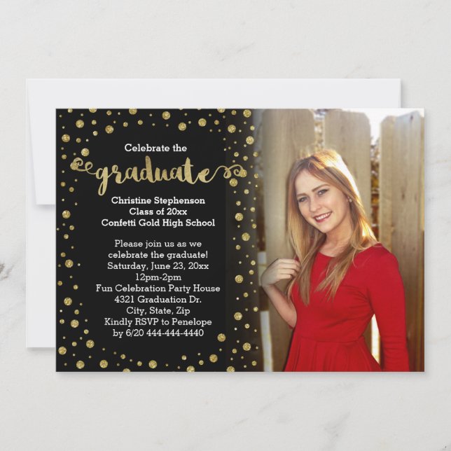 Cute Faux Gold Glitter Confetti Photo Graduation Invitation (Front)