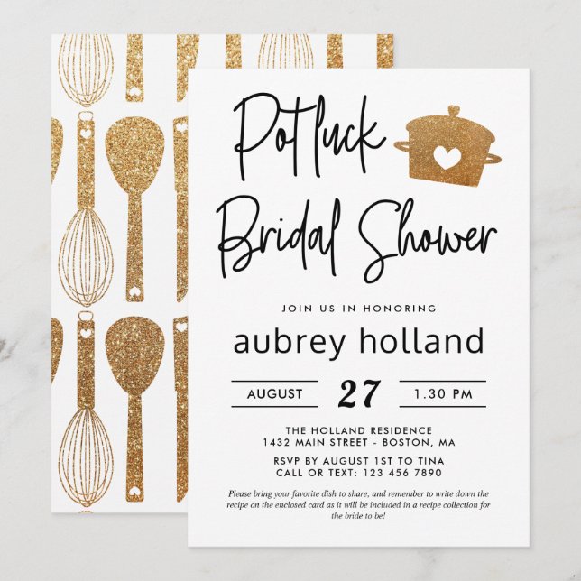 Cute Faux Gold Glitter Potluck Bridal Shower Invitation (Front/Back)