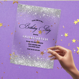 Cute faux silver glitter monogram birthday  acrylic invitations