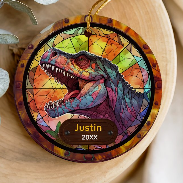 Cute faux stained glass dinosaur holiday keepsake ceramic ornament (Creator Uploaded)