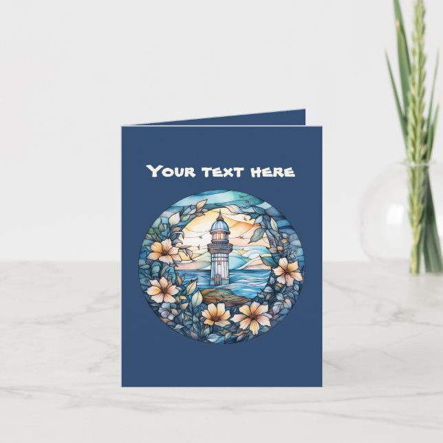 Cute faux stained glass lighthouse add text  card (Front)
