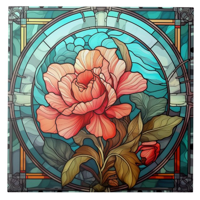 cute faux stained glass lovers flowers ceramic  tile (Front)