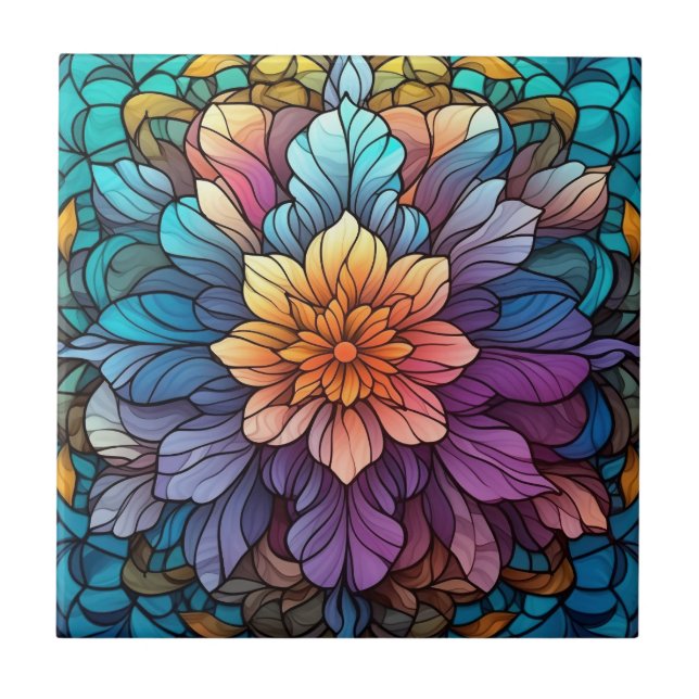 cute faux stained glass lovers flowers  tile (Front)