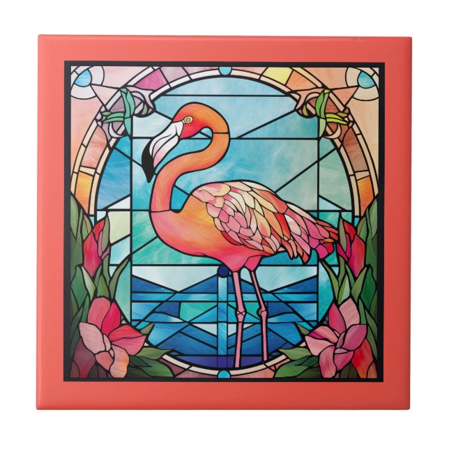cute faux stained glass  pink flamingo tile (Front)