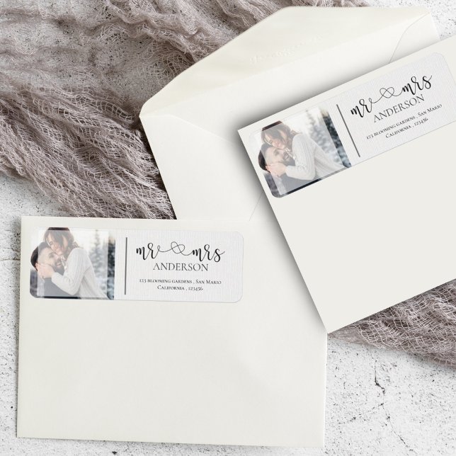 Cute Faux Vellum Mr Et Mme Black White Photo (Cute Faux Vellum Mr And Mrs Black White Photo Label)