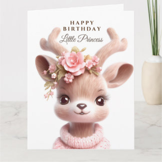 Cute fawn, baby deer in pink dress with flowers card