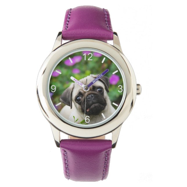 Cute Fawn Coloured Pug Puppy Dog Face -- dial-plat Watch (Front)