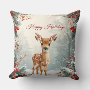 Cute Fawn in a Snowy Forest Throw Pillow
