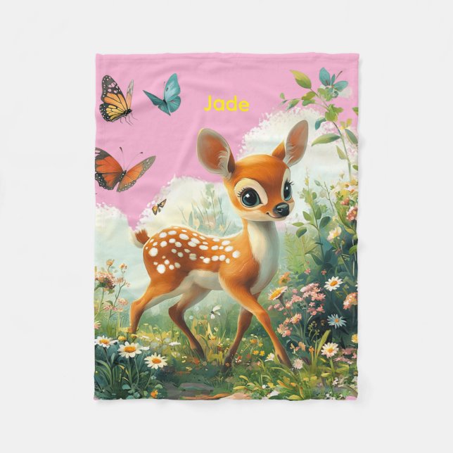  Cute Fawn in Flower Field Fleece Blanket (Front)
