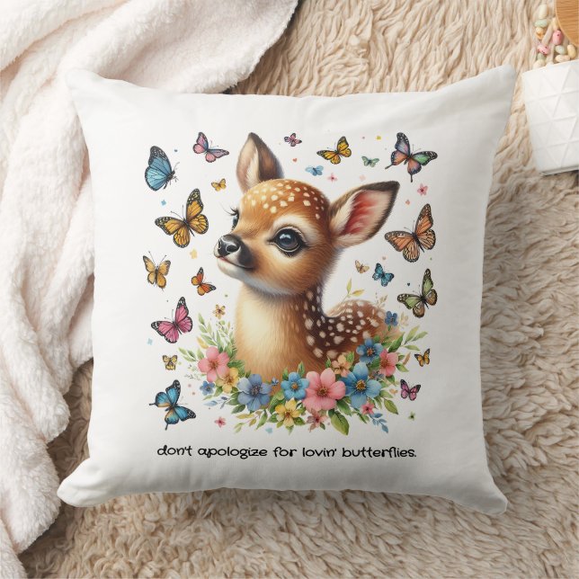 Cute Fawn Looks at Butterflies in the Meadow Throw Pillow (Blanket)