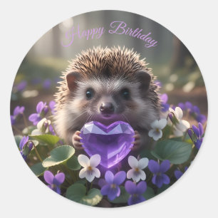 Cute February Hedgehog with Amethyst Heart Classic Round Sticker