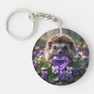 Cute February Hedgehog with Amethyst Heart Keychain