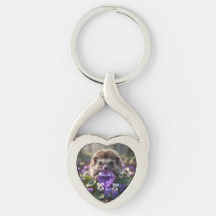 Cute February Hedgehog with Amethyst Heart Keychain
