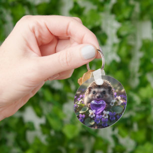 Cute February Hedgehog with Amethyst Heart Keychain