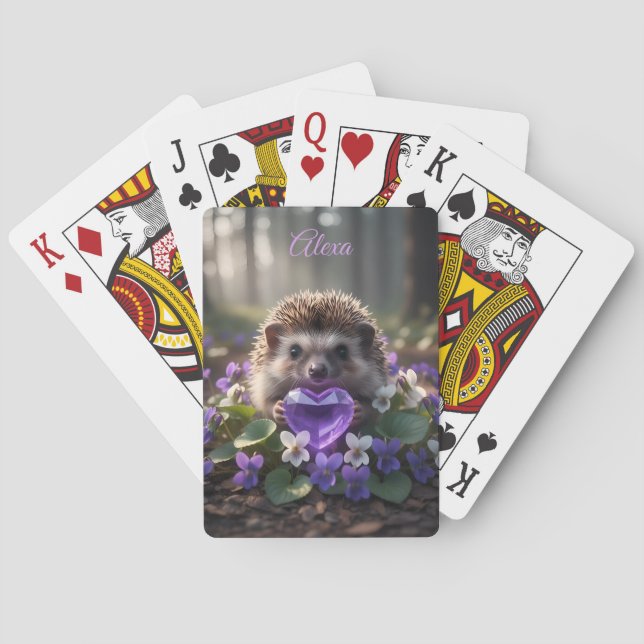 Cute February Hedgehog with Amethyst Heart Playing Cards (Back)